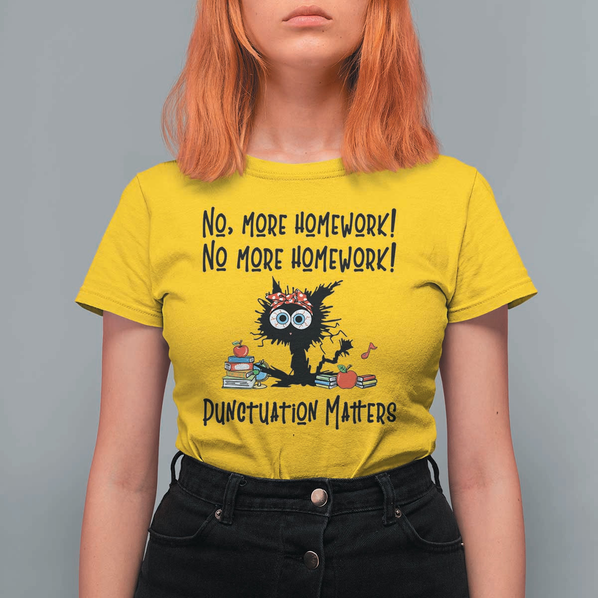 Black Cat English Teacher Gift T Shirt For Women No More Homework Punctuation Matters Grammar Humor