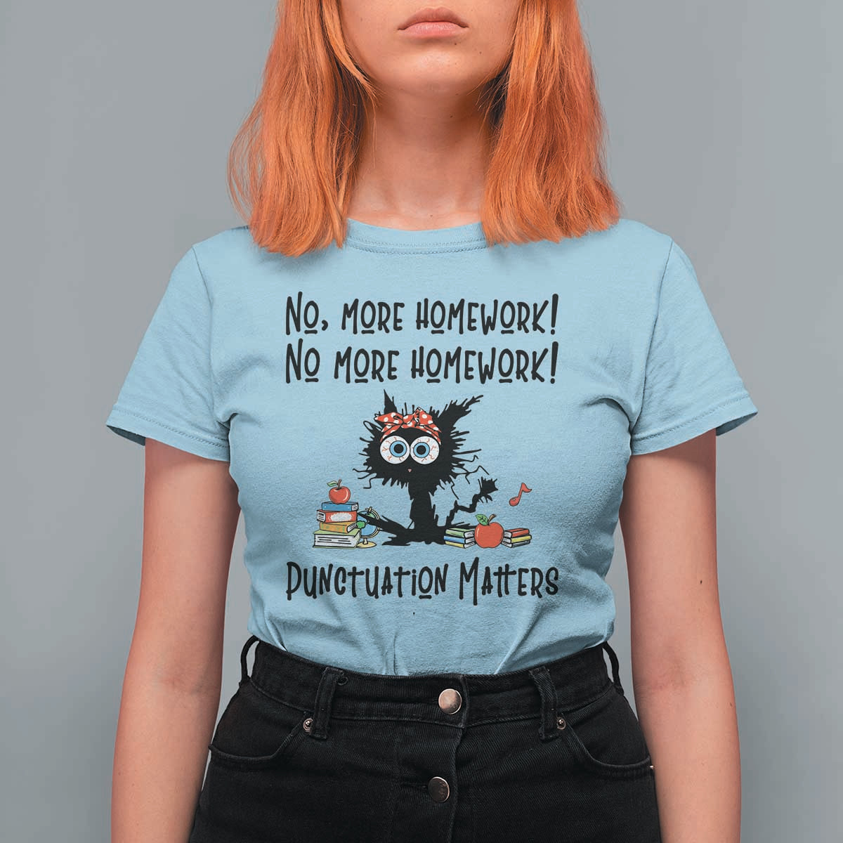 Black Cat English Teacher Gift T Shirt For Women No More Homework Punctuation Matters Grammar Humor