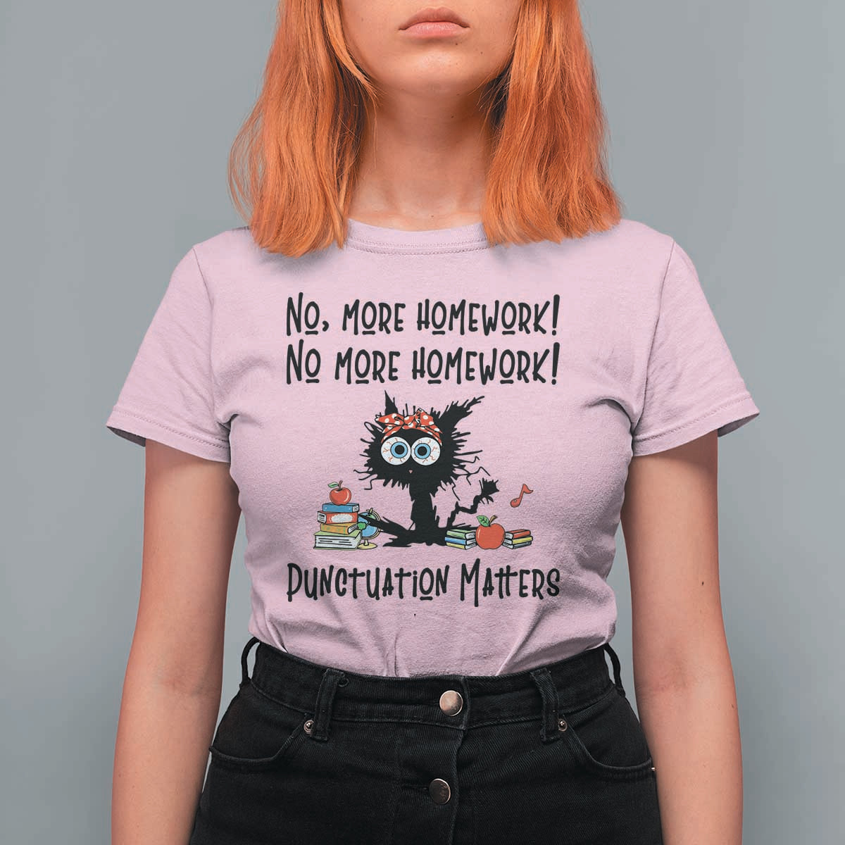 Black Cat English Teacher Gift T Shirt For Women No More Homework Punctuation Matters Grammar Humor