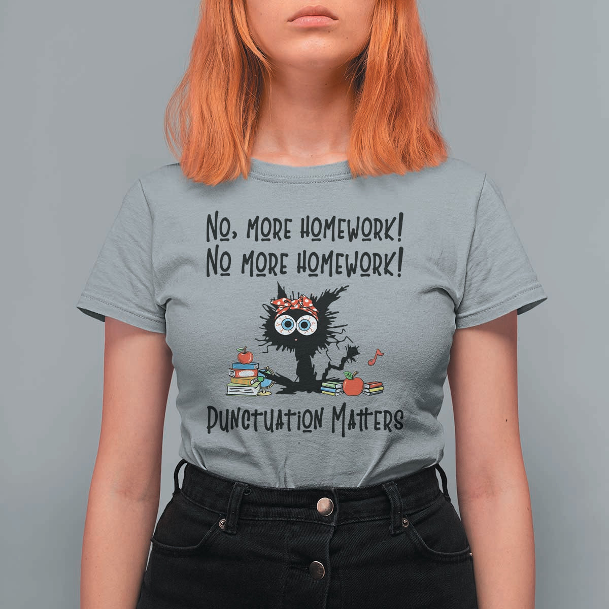 Black Cat English Teacher Gift T Shirt For Women No More Homework Punctuation Matters Grammar Humor
