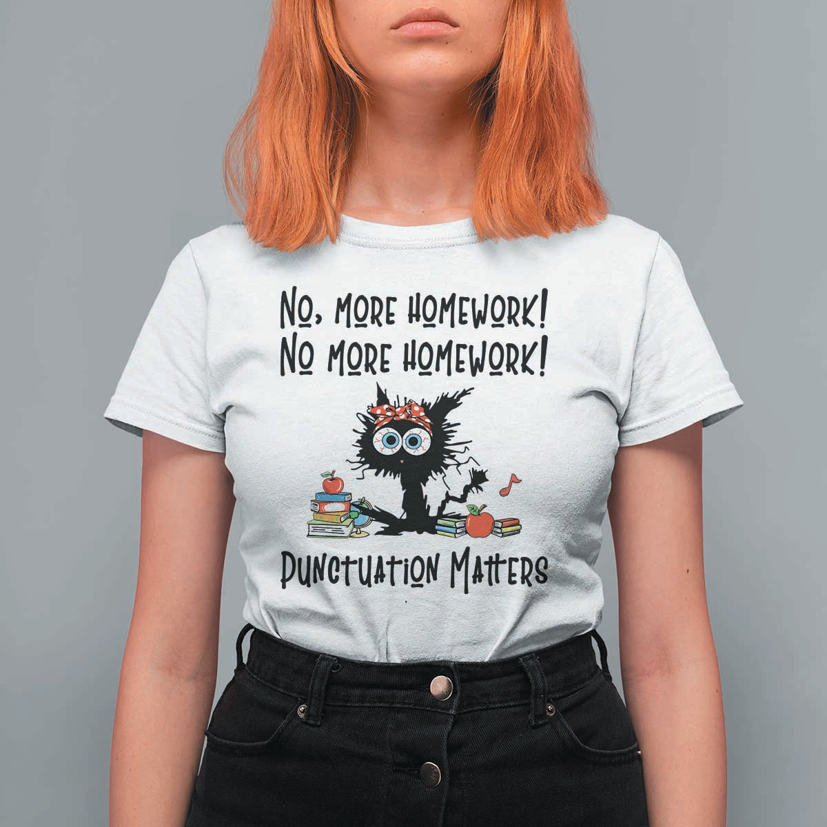 Black Cat English Teacher Gift T Shirt For Women No More Homework Punctuation Matters Grammar Humor