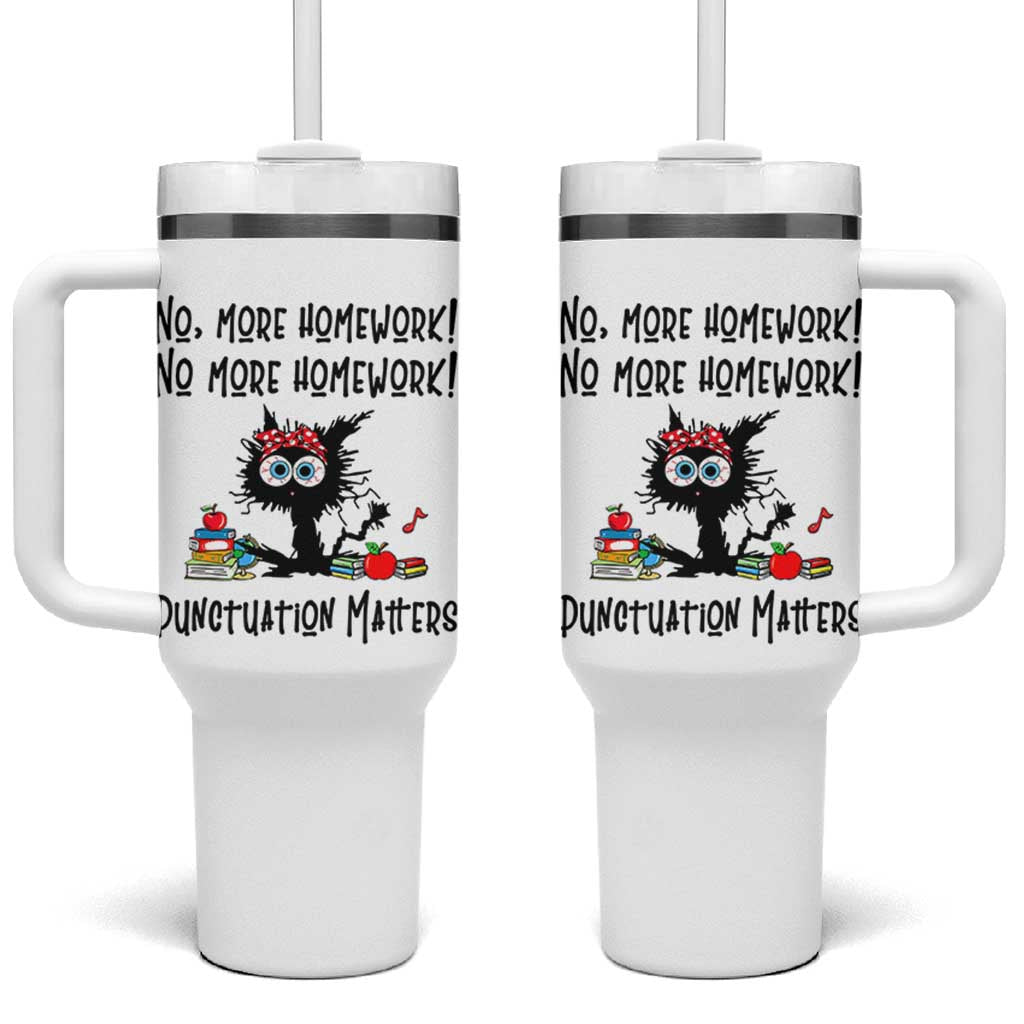 Black Cat English Teacher Gift Tumbler With Handle No More Homework Punctuation Matters Grammar Humor