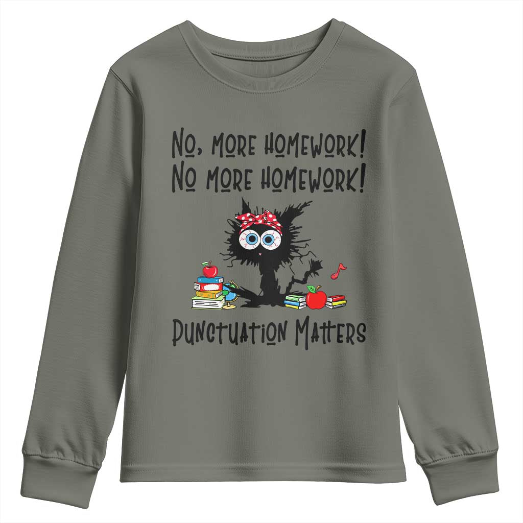 Black Cat English Teacher Gift Youth Sweatshirt No More Homework Punctuation Matters Grammar Humor