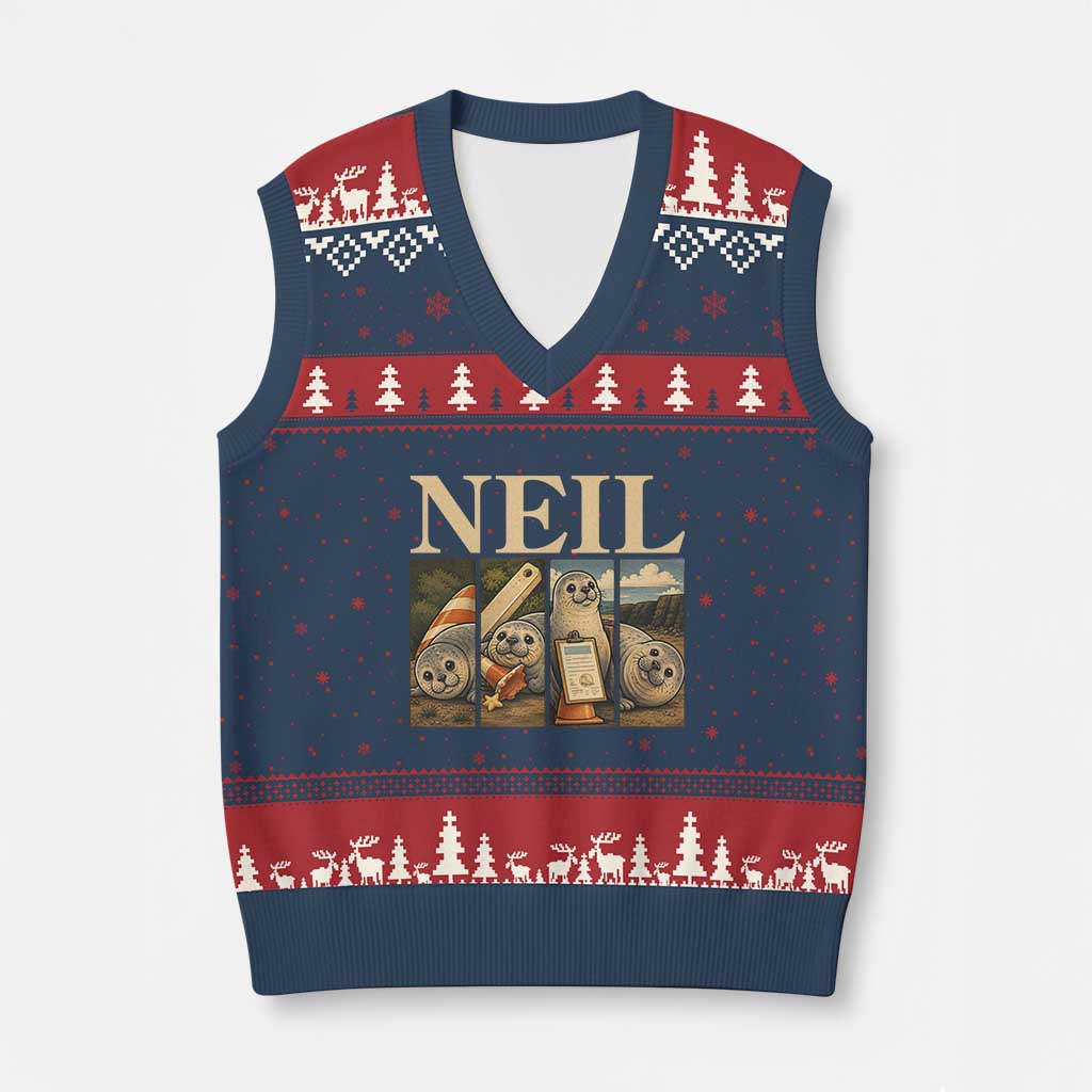 Funny Neil The Seal V-Neck Knit Sweater Vest Viral Ocean Animal Meme Graphic