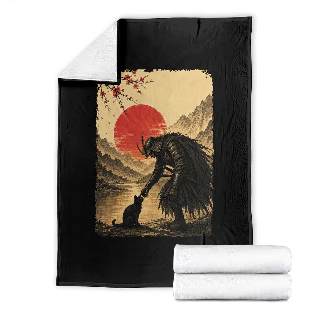 Vintage Japanese Art Samurai Warrior Black Cat Throw Blanket Ukiyoe Style Boop Meme
