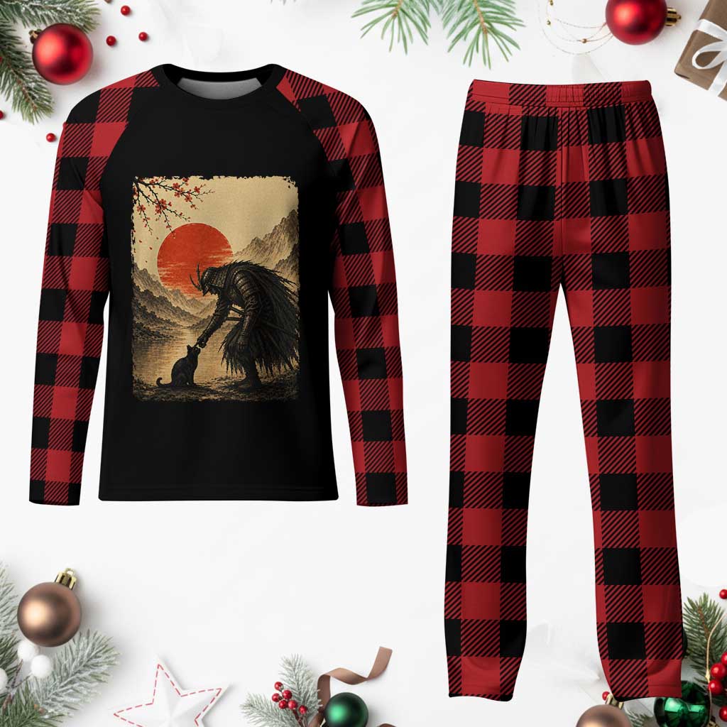 Vintage Japanese Art Samurai Warrior Black Cat Plaid Pajama Set Ukiyoe Style Boop Meme