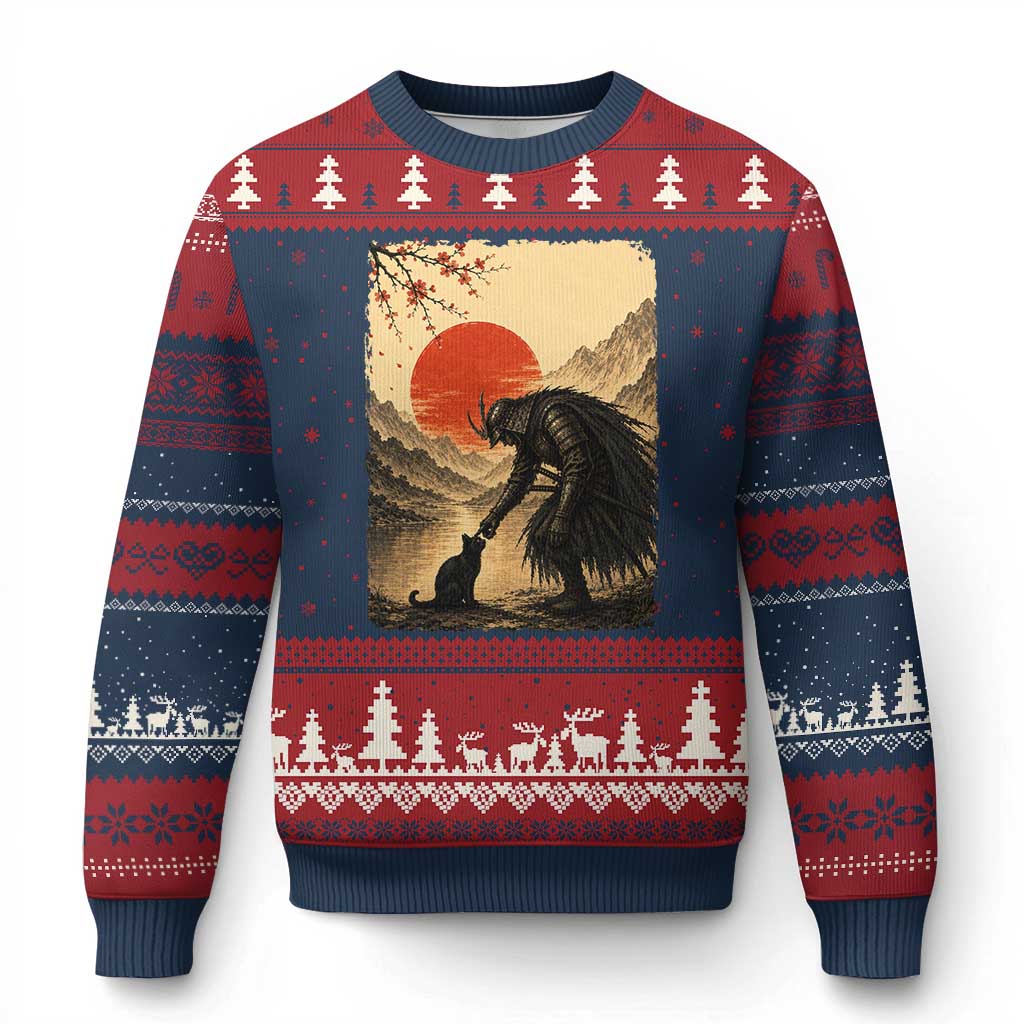 Vintage Japanese Art Samurai Warrior Black Cat Ugly Christmas Sweater Ukiyoe Style Boop Meme