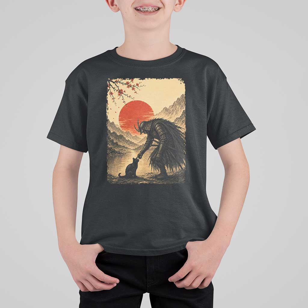 Vintage Japanese Art Samurai Warrior Black Cat T Shirt For Kid Ukiyoe Style Boop Meme