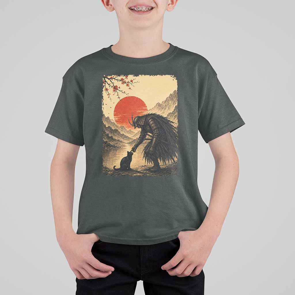 Vintage Japanese Art Samurai Warrior Black Cat T Shirt For Kid Ukiyoe Style Boop Meme