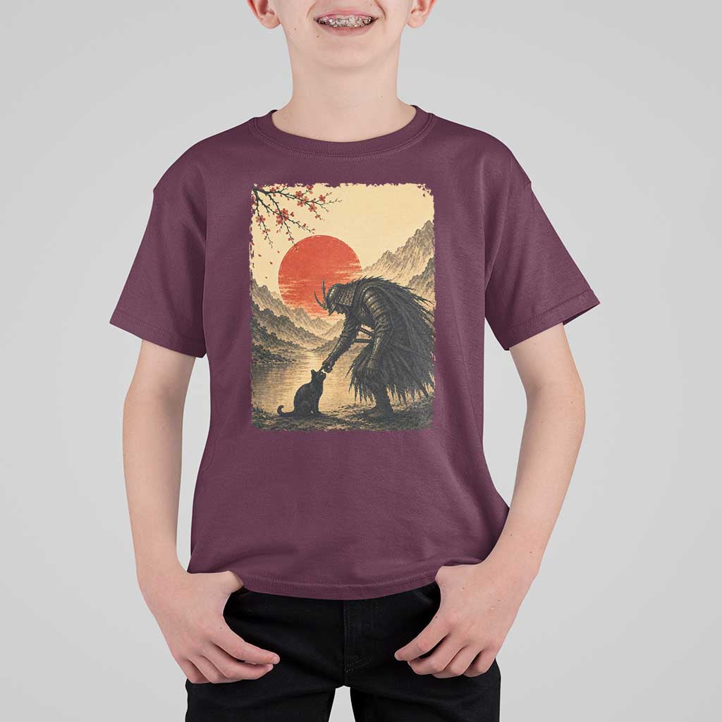 Vintage Japanese Art Samurai Warrior Black Cat T Shirt For Kid Ukiyoe Style Boop Meme