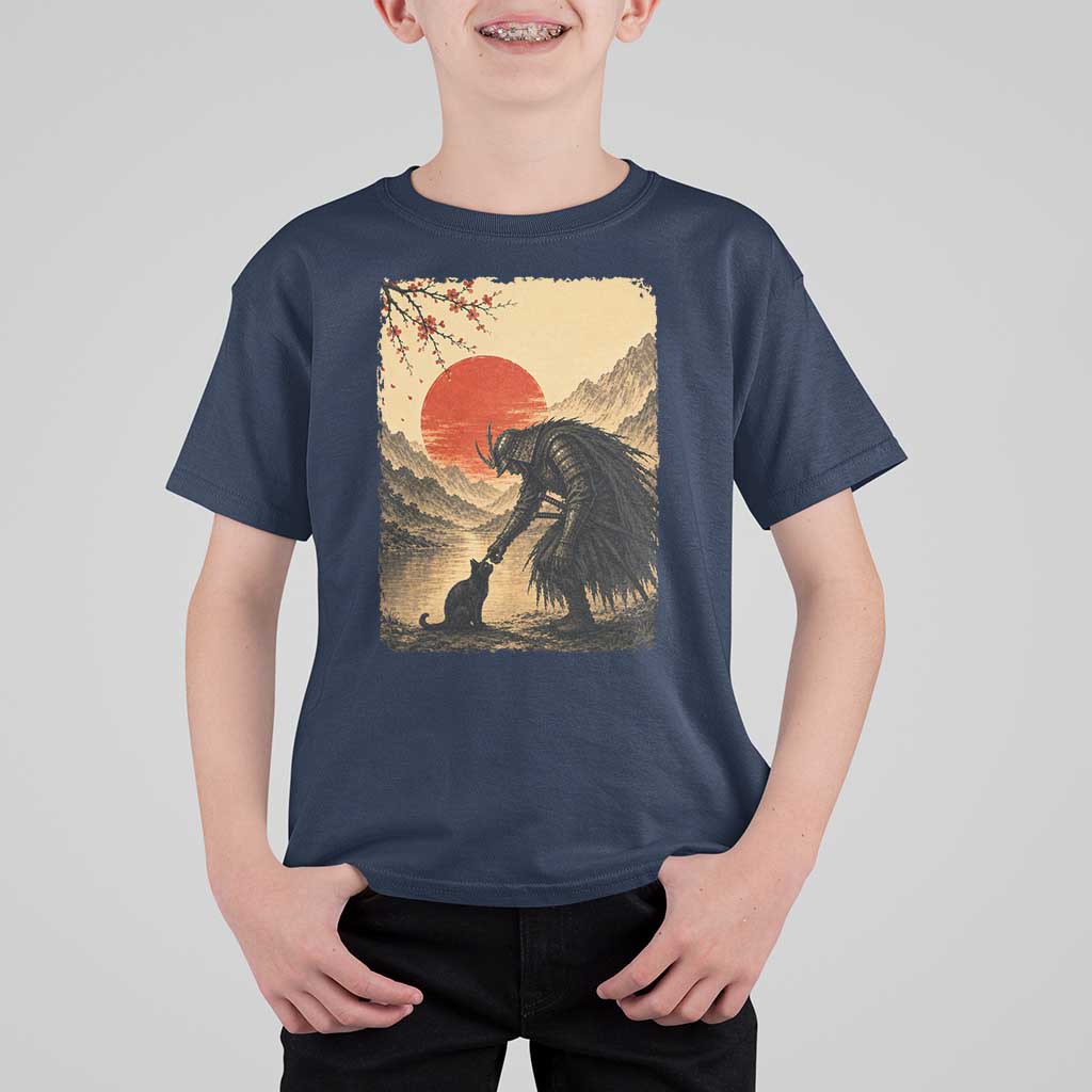 Vintage Japanese Art Samurai Warrior Black Cat T Shirt For Kid Ukiyoe Style Boop Meme