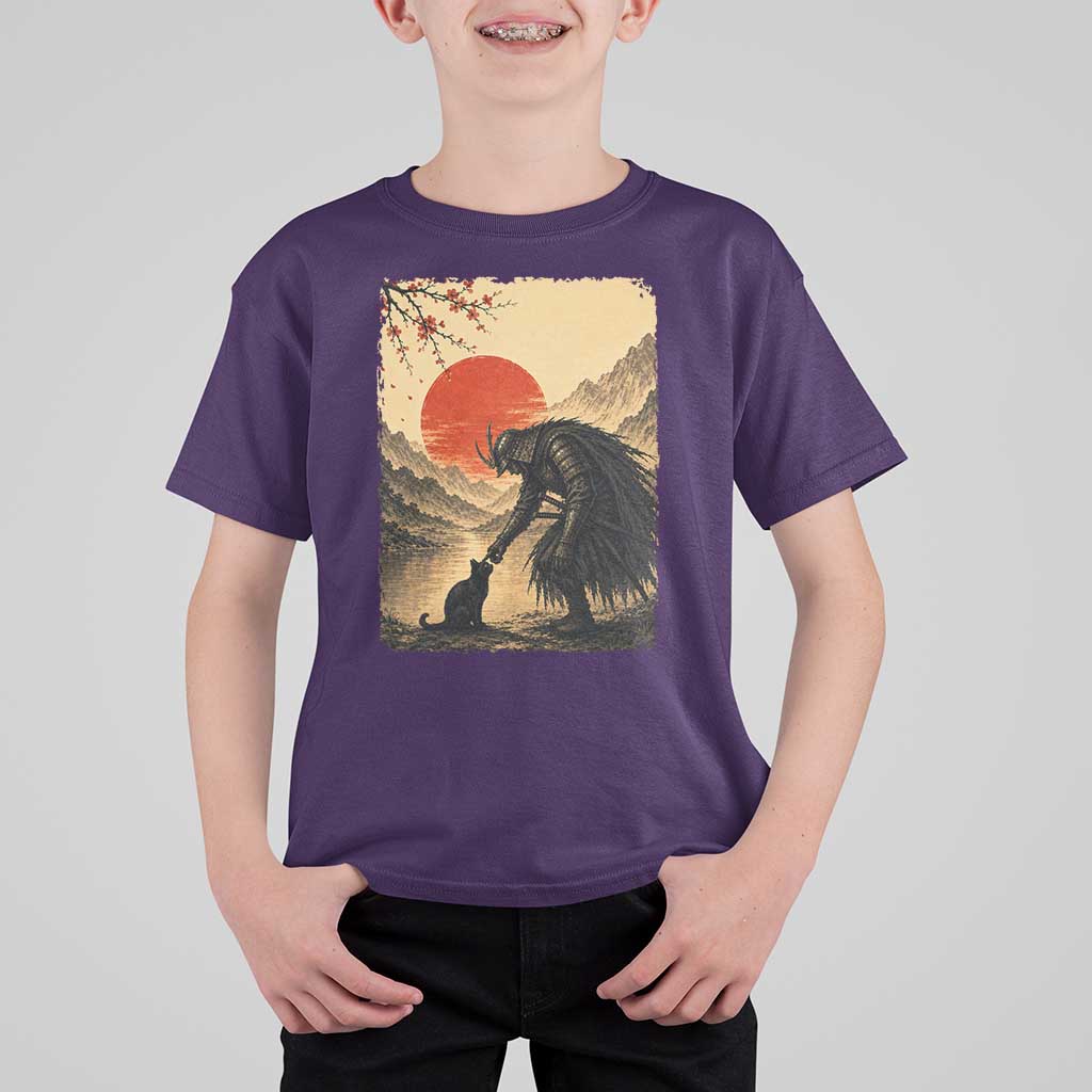 Vintage Japanese Art Samurai Warrior Black Cat T Shirt For Kid Ukiyoe Style Boop Meme