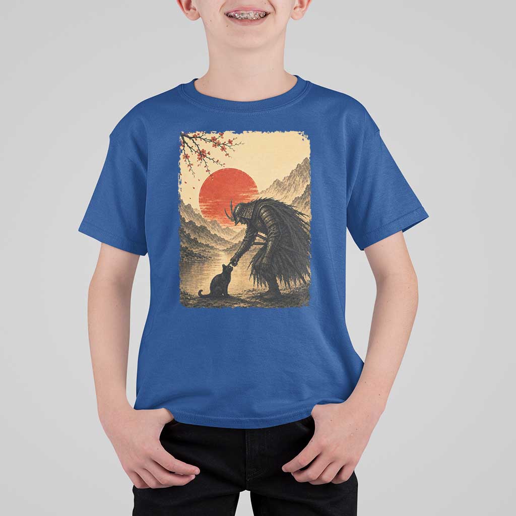 Vintage Japanese Art Samurai Warrior Black Cat T Shirt For Kid Ukiyoe Style Boop Meme