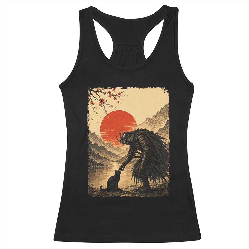 Vintage Japanese Art Samurai Warrior Black Cat Racerback Tank Top Ukiyoe Style Boop Meme