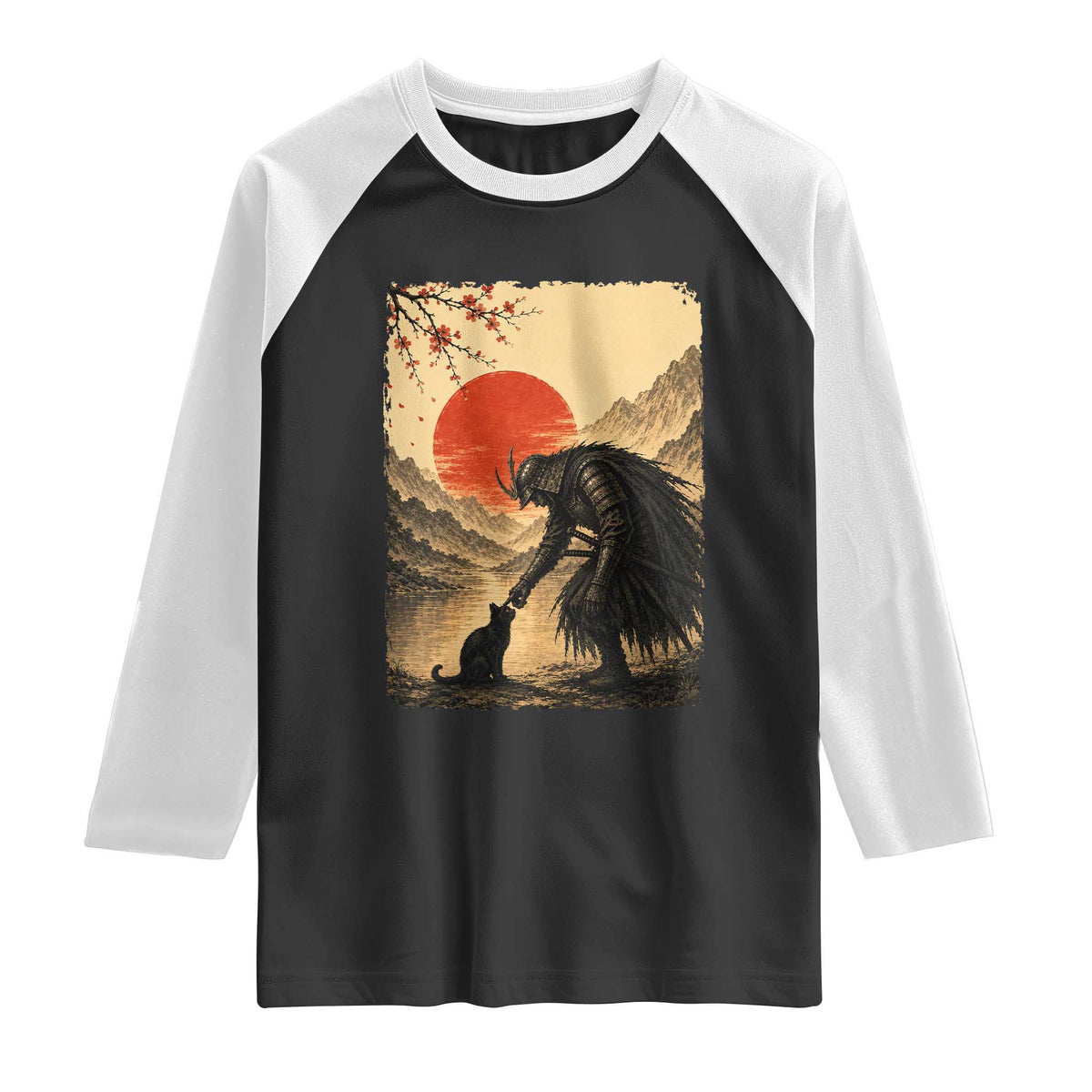Vintage Japanese Art Samurai Warrior Black Cat Raglan Shirt Ukiyoe Style Boop Meme