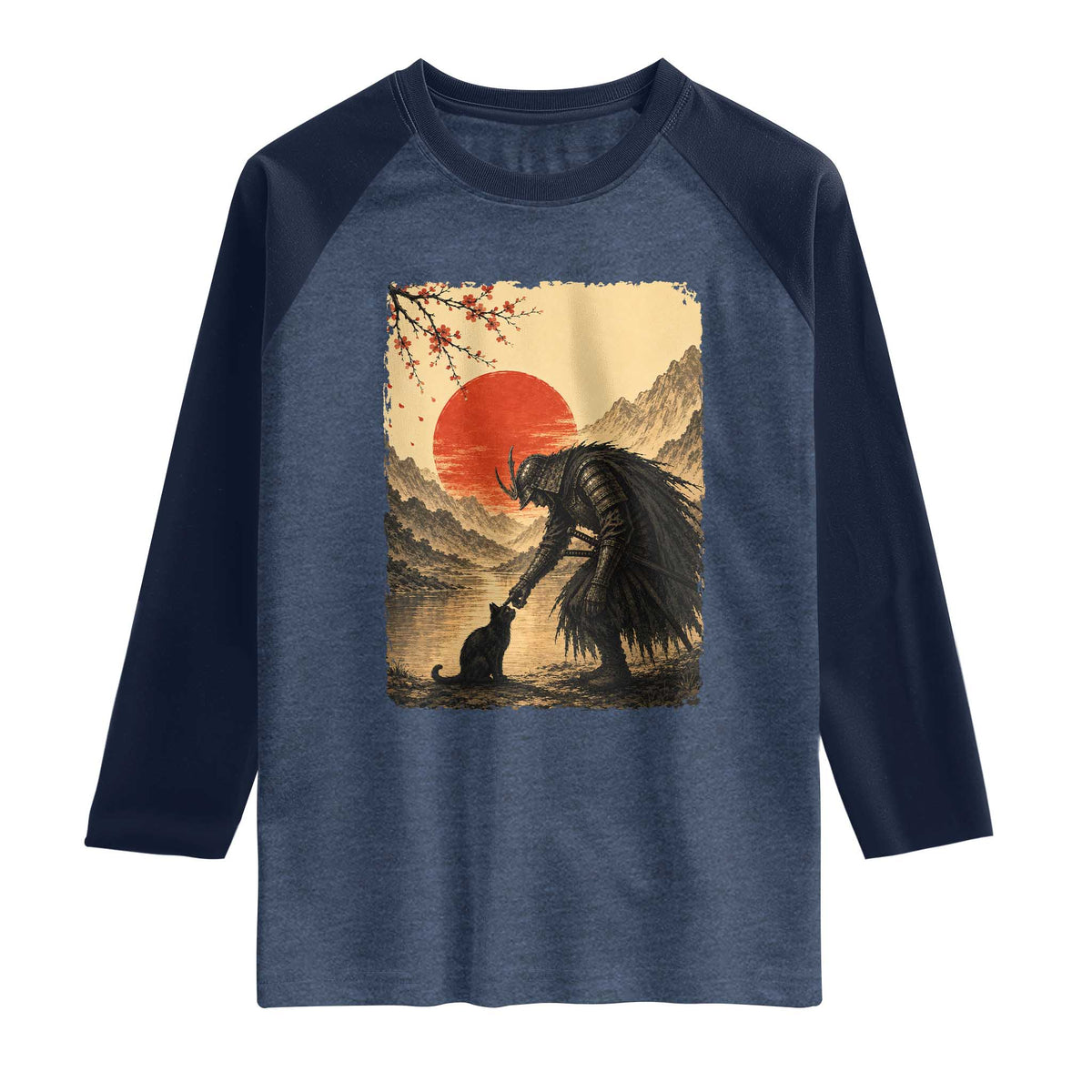 Vintage Japanese Art Samurai Warrior Black Cat Raglan Shirt Ukiyoe Style Boop Meme