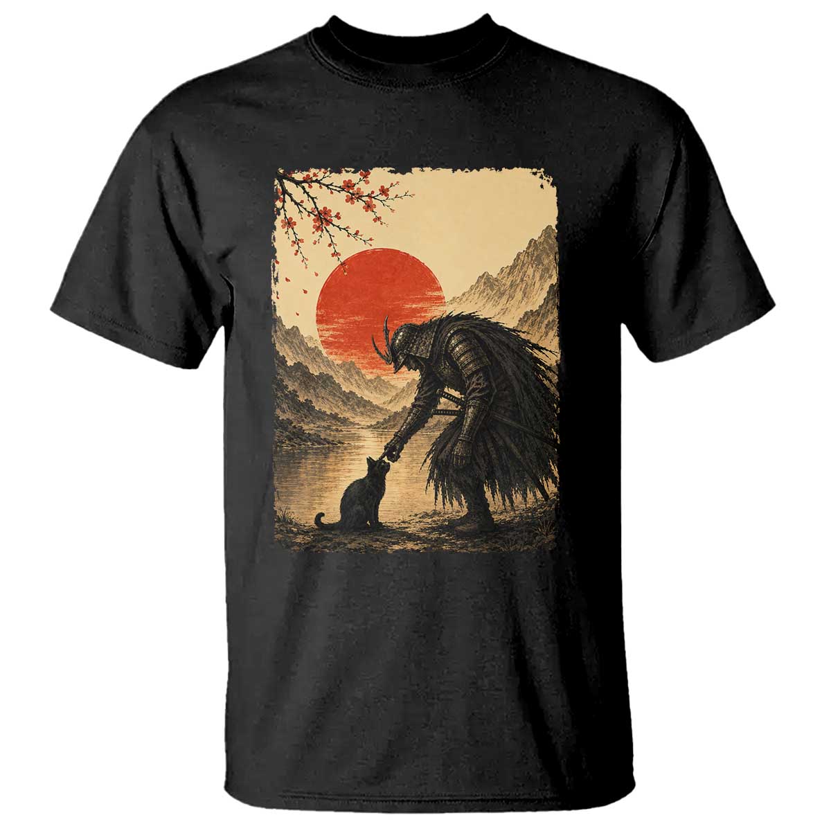 Vintage Japanese Art Samurai Warrior Black Cat T Shirt Ukiyoe Style Boop Meme