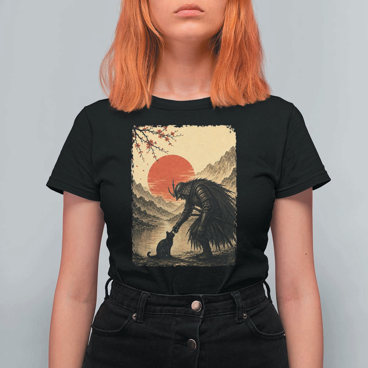 Vintage Japanese Art Samurai Warrior Black Cat T Shirt For Women Ukiyoe Style Boop Meme