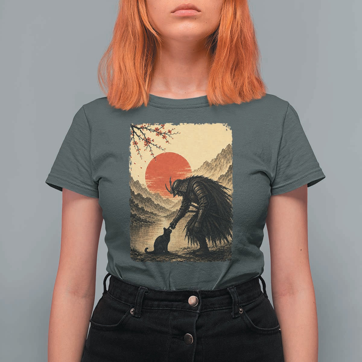 Vintage Japanese Art Samurai Warrior Black Cat T Shirt For Women Ukiyoe Style Boop Meme