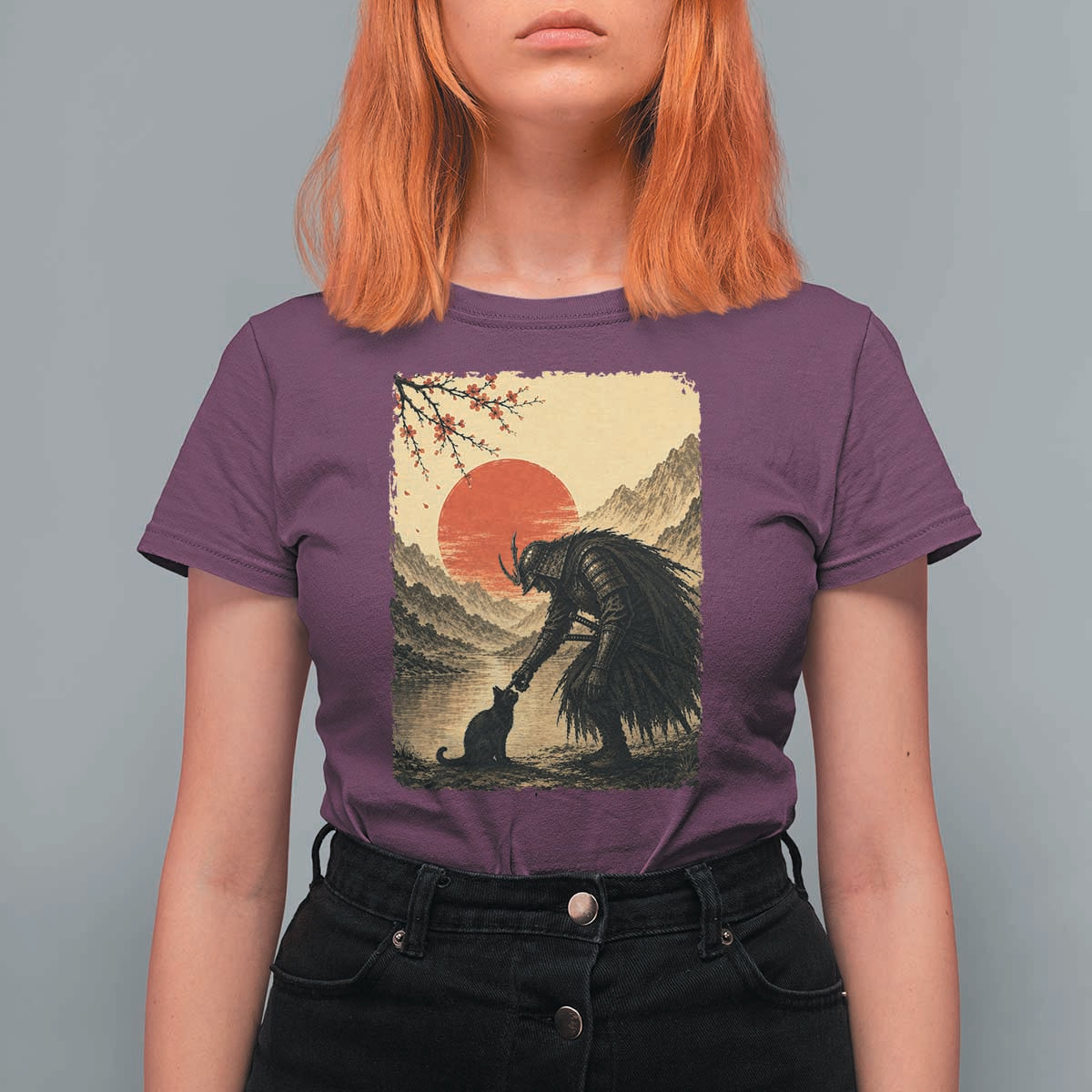 Vintage Japanese Art Samurai Warrior Black Cat T Shirt For Women Ukiyoe Style Boop Meme
