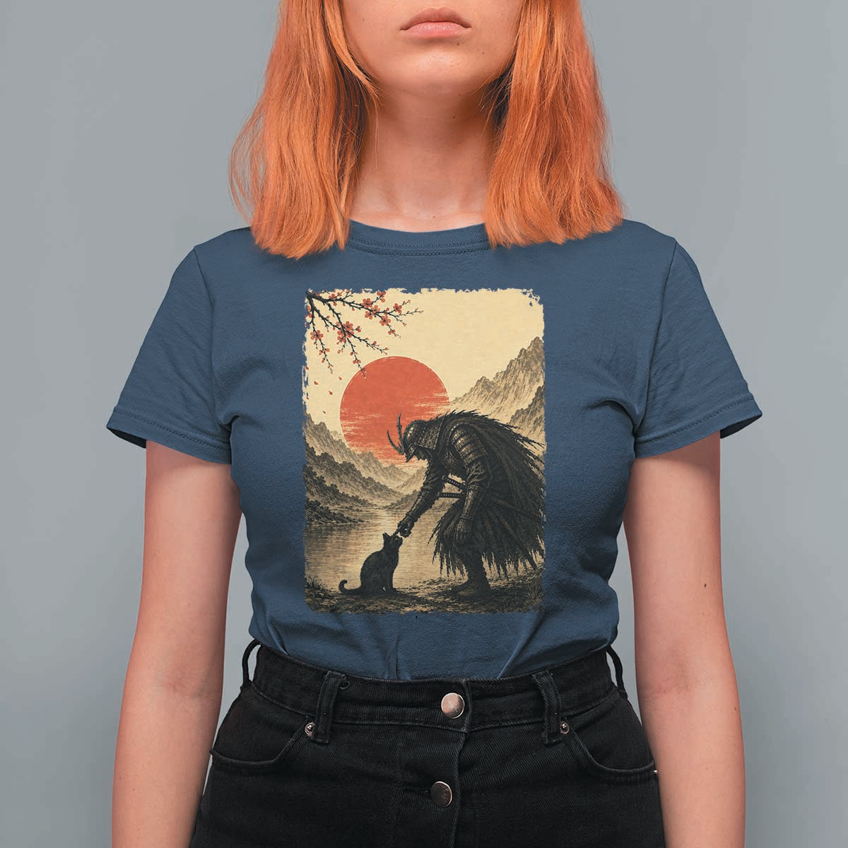 Vintage Japanese Art Samurai Warrior Black Cat T Shirt For Women Ukiyoe Style Boop Meme