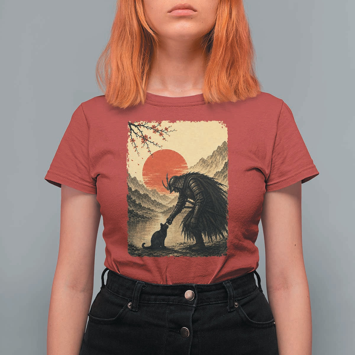 Vintage Japanese Art Samurai Warrior Black Cat T Shirt For Women Ukiyoe Style Boop Meme