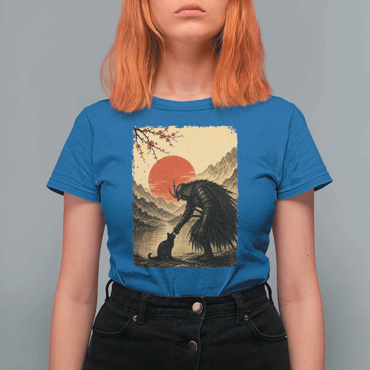 Vintage Japanese Art Samurai Warrior Black Cat T Shirt For Women Ukiyoe Style Boop Meme