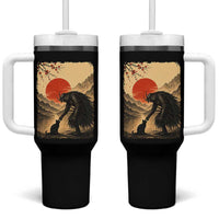 Vintage Japanese Art Samurai Warrior Black Cat Tumbler With Handle Ukiyoe Style Boop Meme