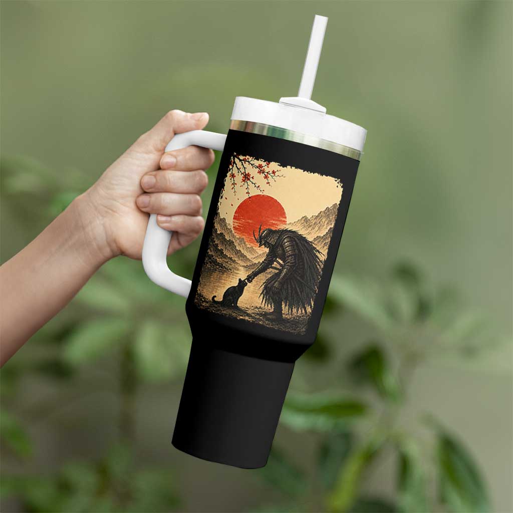 Vintage Japanese Art Samurai Warrior Black Cat Tumbler With Handle Ukiyoe Style Boop Meme