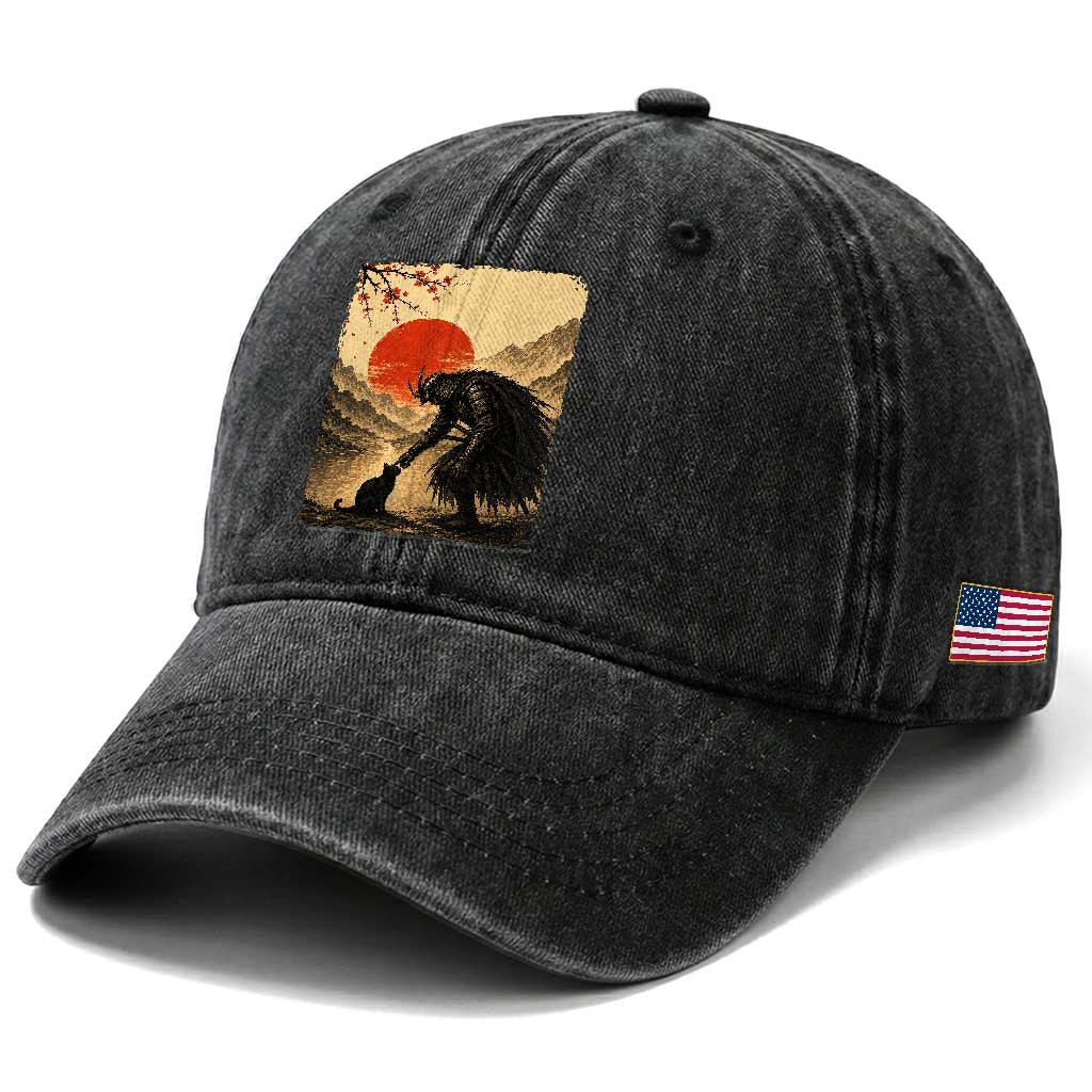 Vintage Japanese Art Samurai Warrior Black Cat Washed Cotton Baseball Cap Ukiyoe Style Boop Meme
