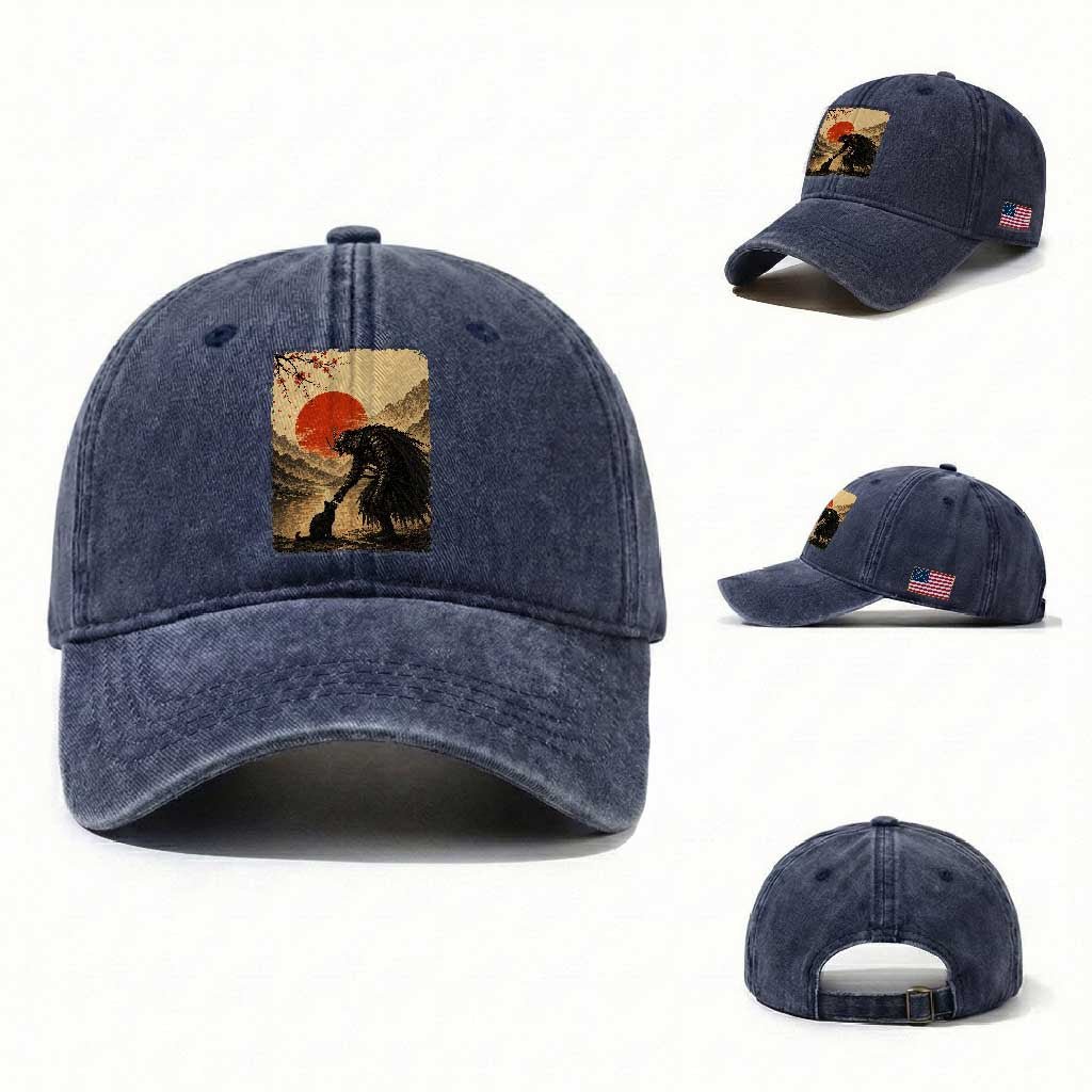 Vintage Japanese Art Samurai Warrior Black Cat Washed Cotton Baseball Cap Ukiyoe Style Boop Meme