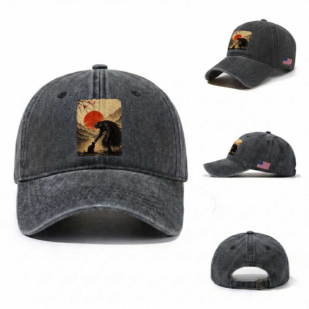 Vintage Japanese Art Samurai Warrior Black Cat Washed Cotton Baseball Cap Ukiyoe Style Boop Meme