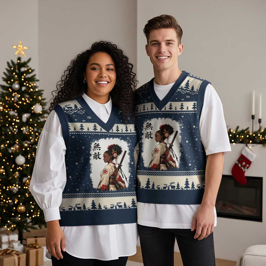 Afro African Pride Samurai Black Girl V-Neck Knit Sweater Vest Vintage Japanese Sumie Katana Graphic