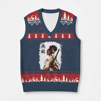 Afro African Pride Samurai Black Girl V-Neck Knit Sweater Vest Vintage Japanese Sumie Katana Graphic