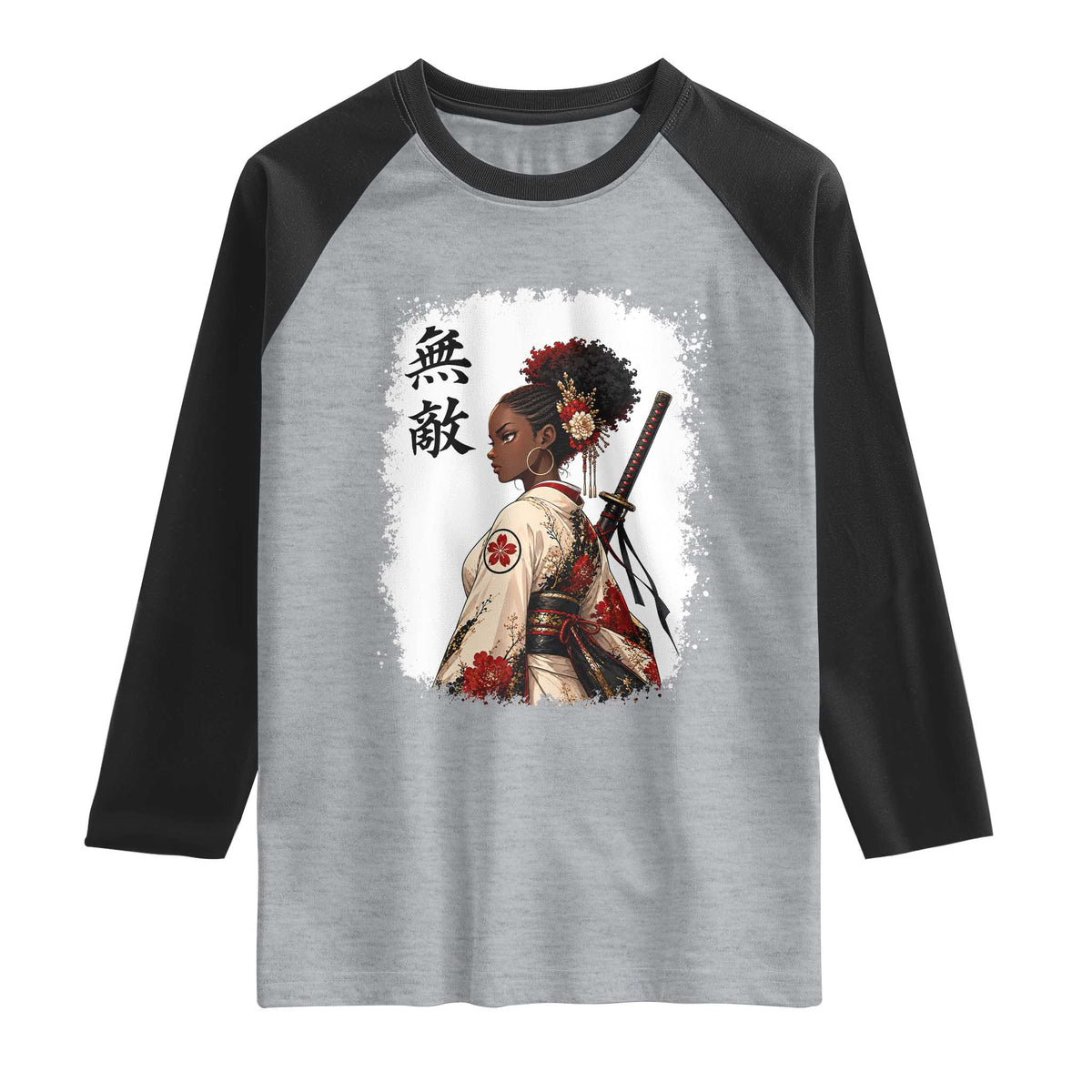 Afro African Pride Samurai Black Girl Raglan Shirt Vintage Japanese Sumie Katana Graphic