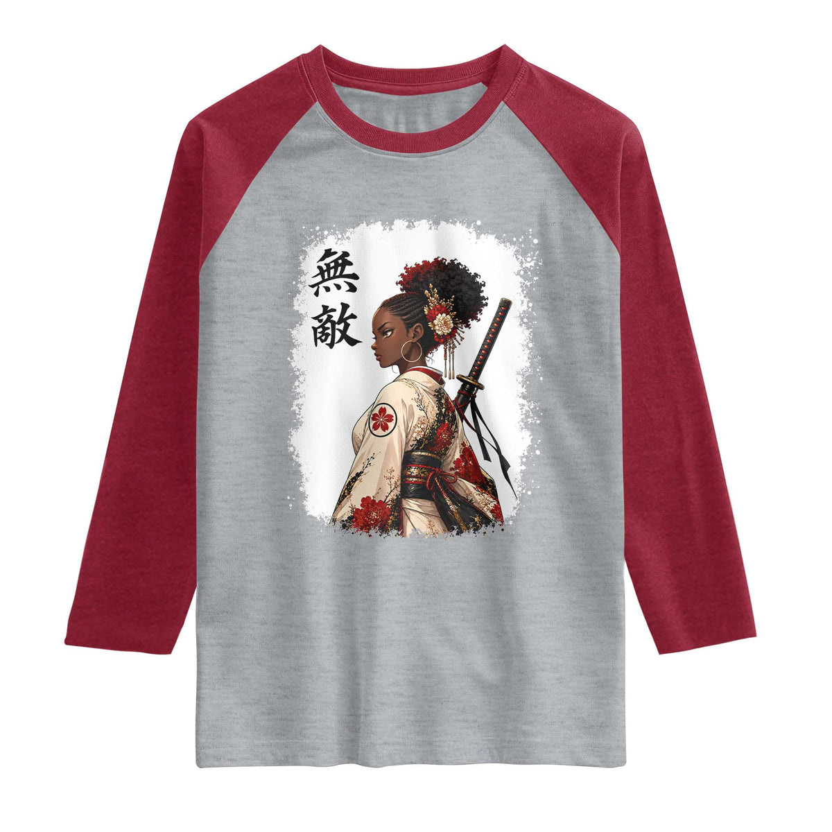 Afro African Pride Samurai Black Girl Raglan Shirt Vintage Japanese Sumie Katana Graphic