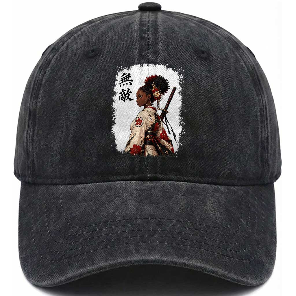 Afro African Pride Samurai Black Girl Washed Cotton Baseball Cap Vintage Japanese Sumie Katana Graphic