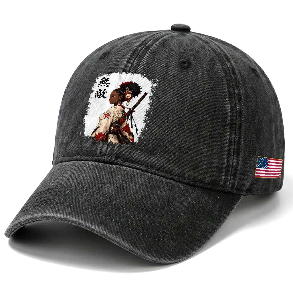 Afro African Pride Samurai Black Girl Washed Cotton Baseball Cap Vintage Japanese Sumie Katana Graphic