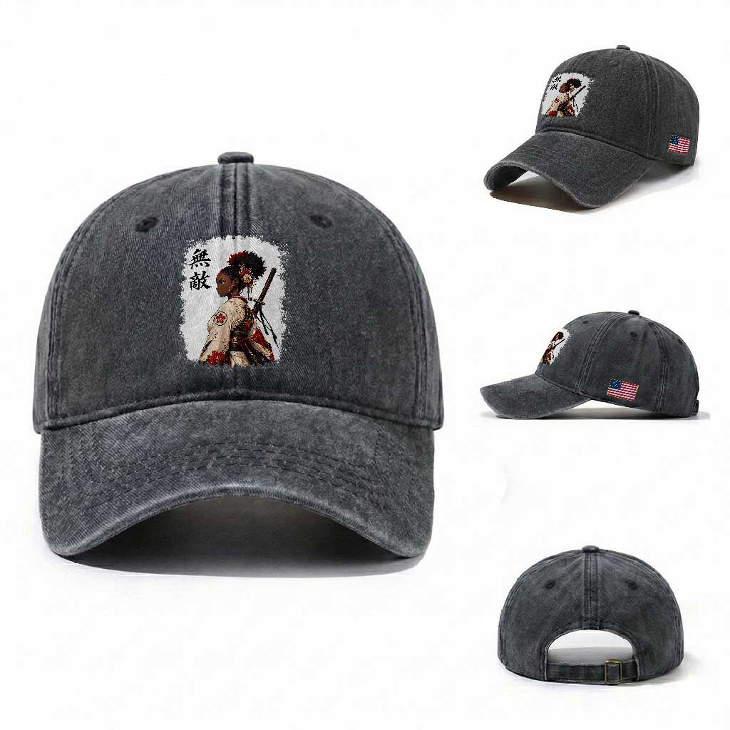 Afro African Pride Samurai Black Girl Washed Cotton Baseball Cap Vintage Japanese Sumie Katana Graphic