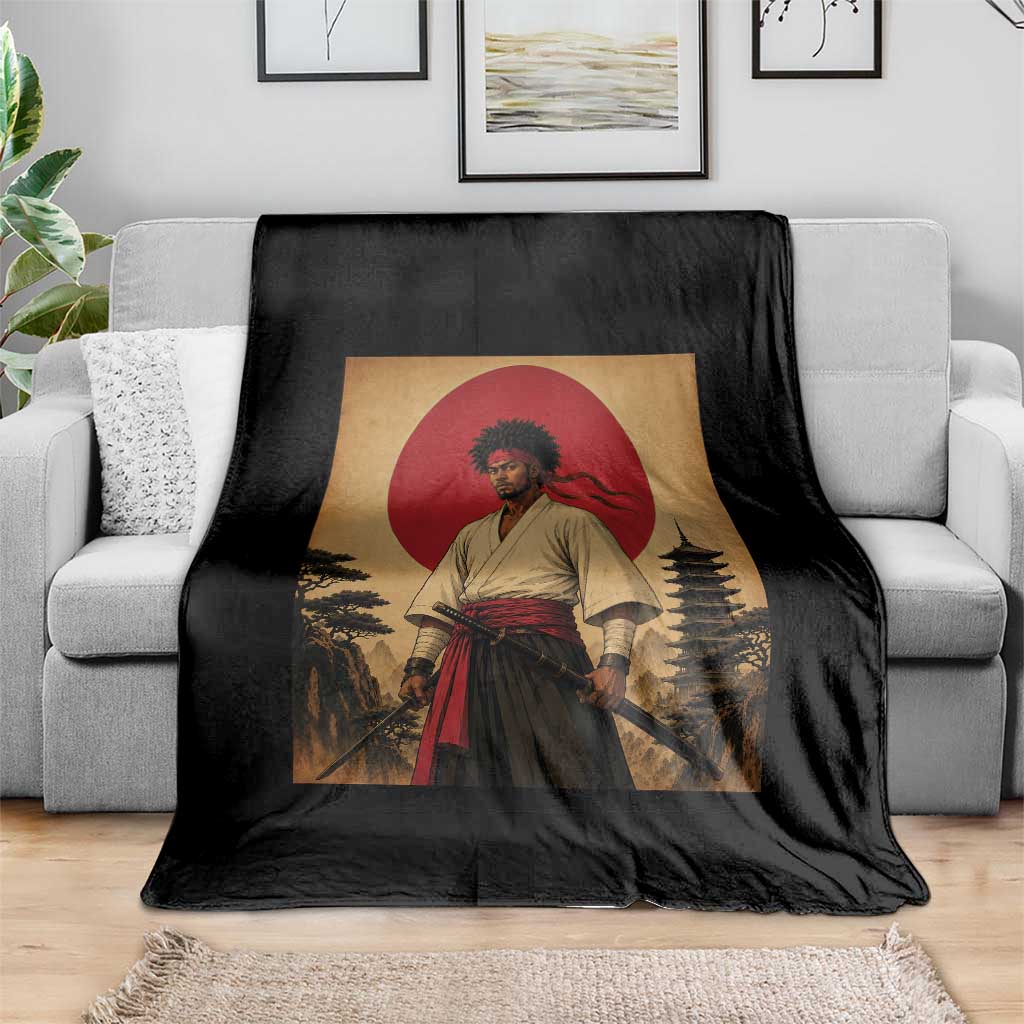 Afro American Samurai Bushido Warrior Throw Blanket Vintage Japanese Ukiyoe Graphic