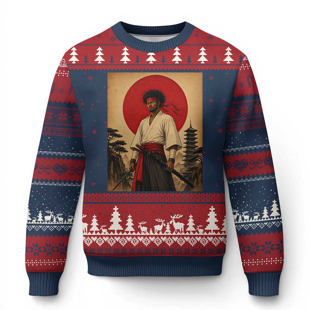 Afro American Samurai Bushido Warrior Ugly Christmas Sweater Vintage Japanese Ukiyoe Graphic
