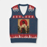 Afro American Samurai Bushido Warrior V-Neck Knit Sweater Vest Vintage Japanese Ukiyoe Graphic