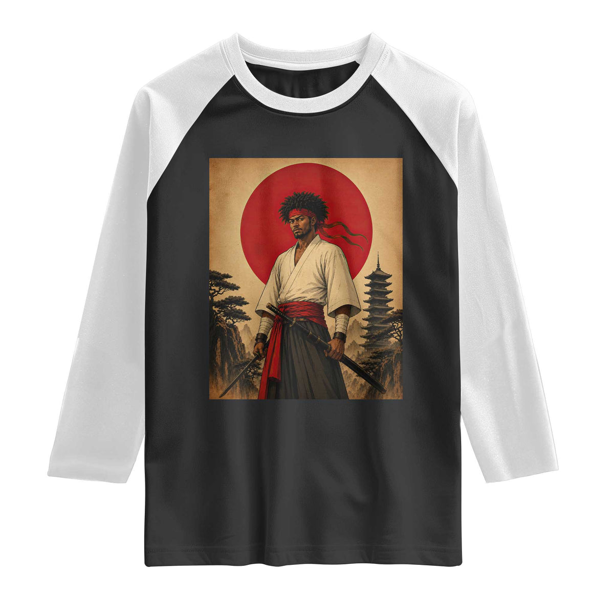 Afro American Samurai Bushido Warrior Raglan Shirt Vintage Japanese Ukiyoe Graphic