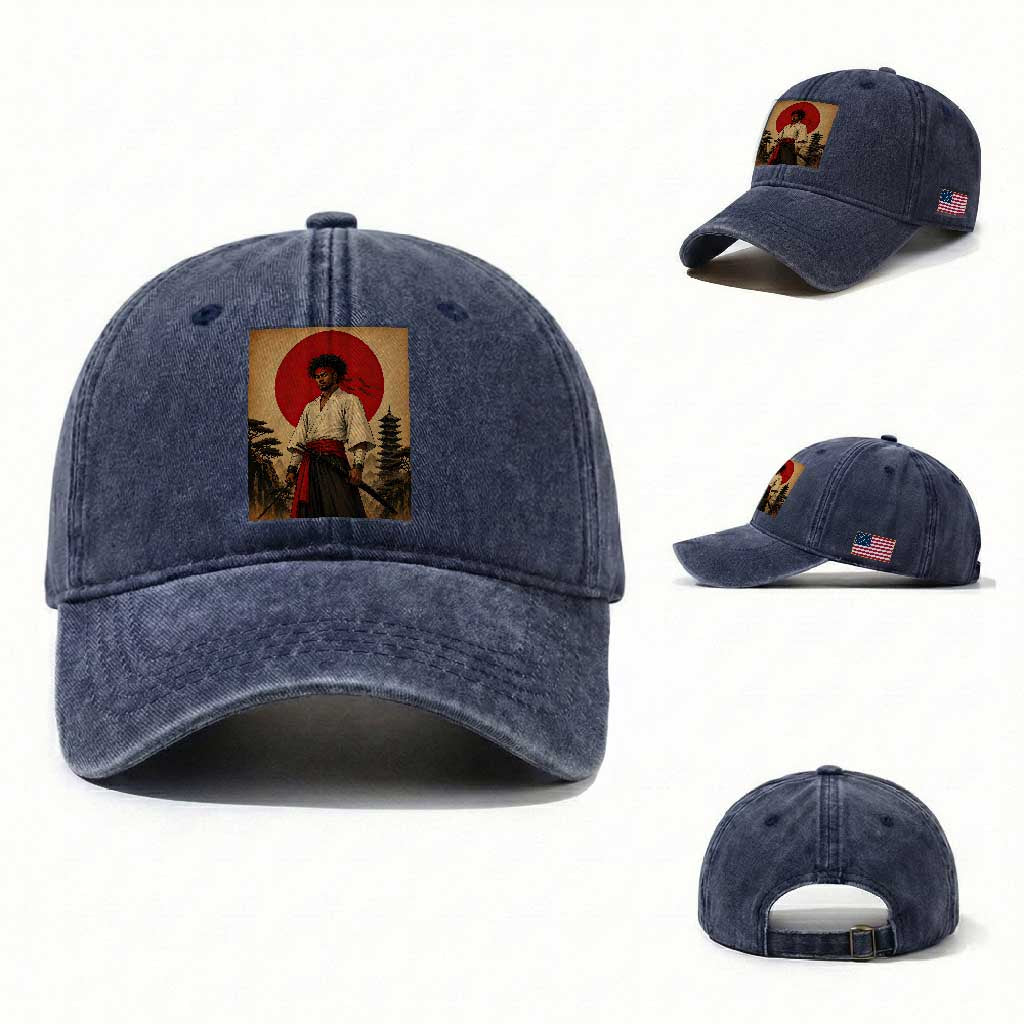 Afro American Samurai Bushido Warrior Washed Cotton Baseball Cap Vintage Japanese Ukiyoe Graphic