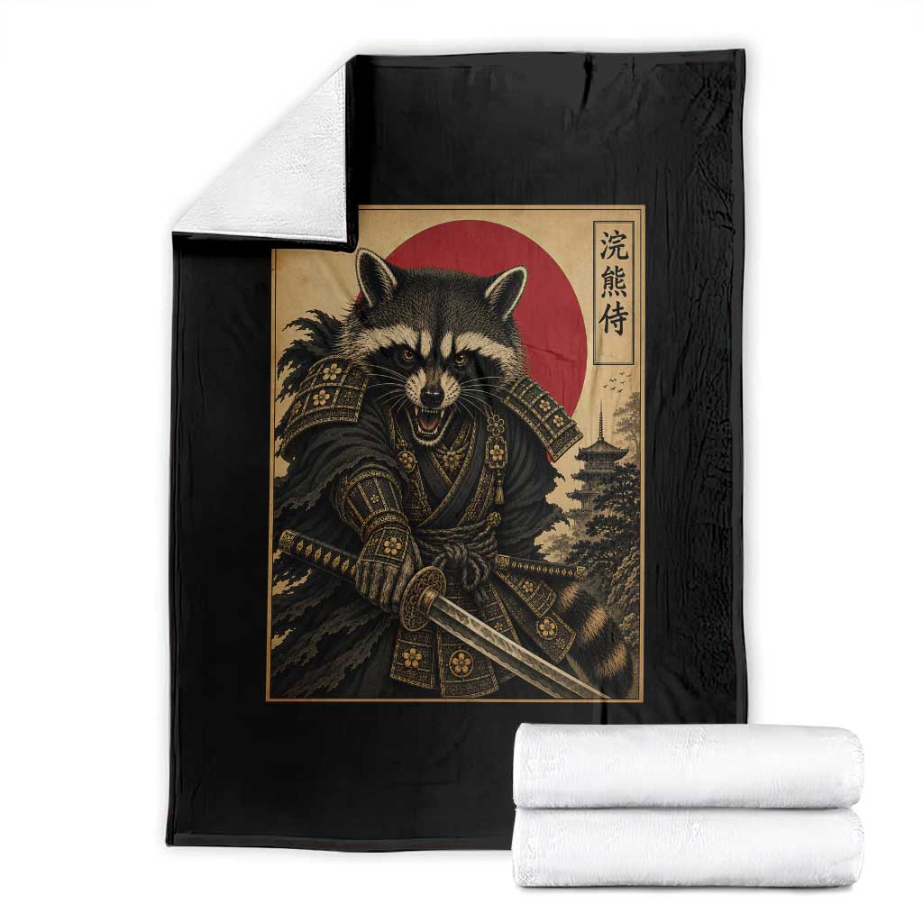 Funny Samurai Raccoon Throw Blanket Vintage Japanese Ukiyoe Warrior Graphic