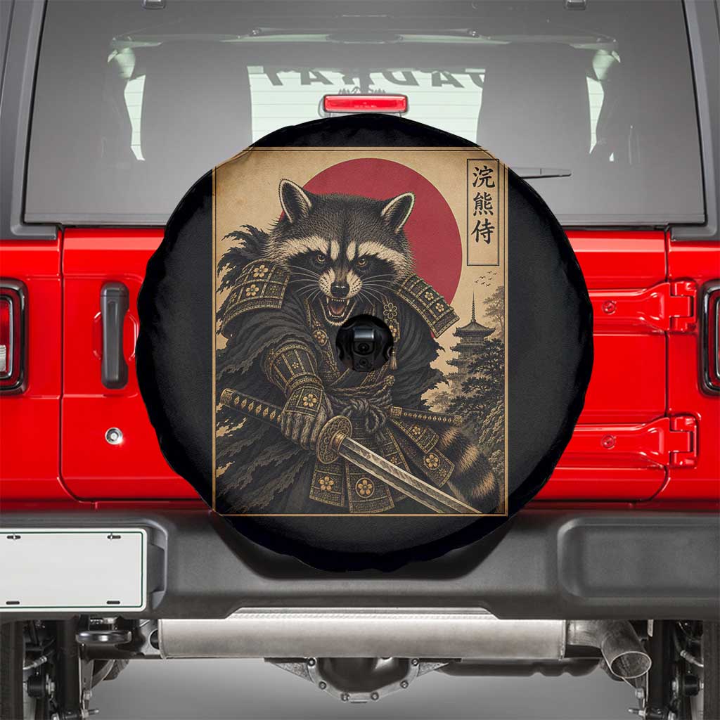 Funny Samurai Raccoon Spare Tire Cover Vintage Japanese Ukiyoe Warrior Graphic