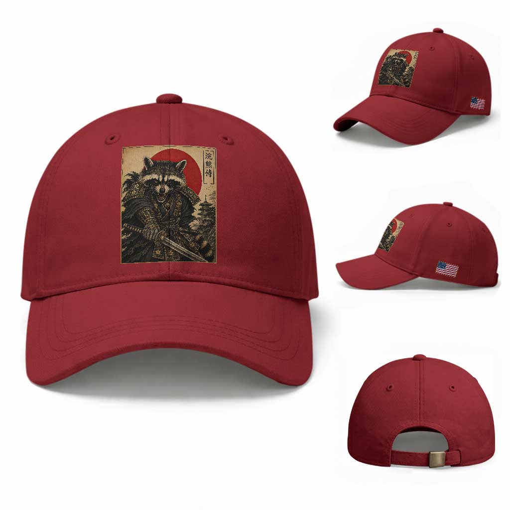Funny Samurai Raccoon Baseball Cap Vintage Japanese Ukiyoe Warrior Graphic