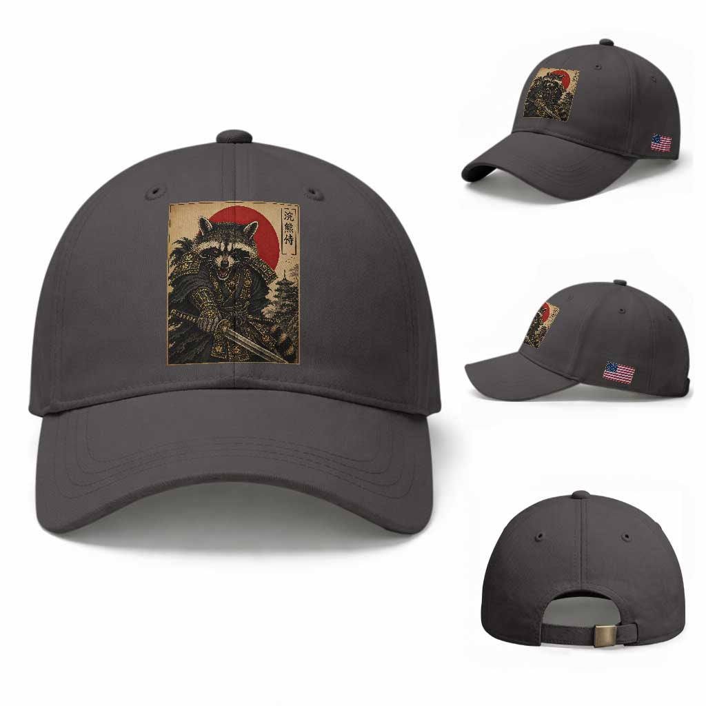 Funny Samurai Raccoon Baseball Cap Vintage Japanese Ukiyoe Warrior Graphic