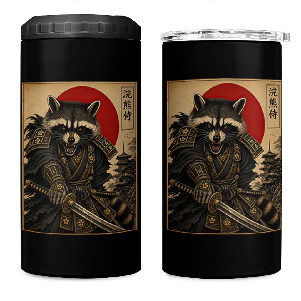 Funny Samurai Raccoon 4 in 1 Can Cooler Tumbler Vintage Japanese Ukiyoe Warrior Graphic