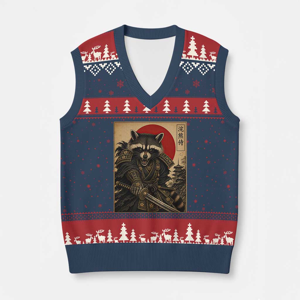 Funny Samurai Raccoon V-Neck Knit Sweater Vest Vintage Japanese Ukiyoe Warrior Graphic